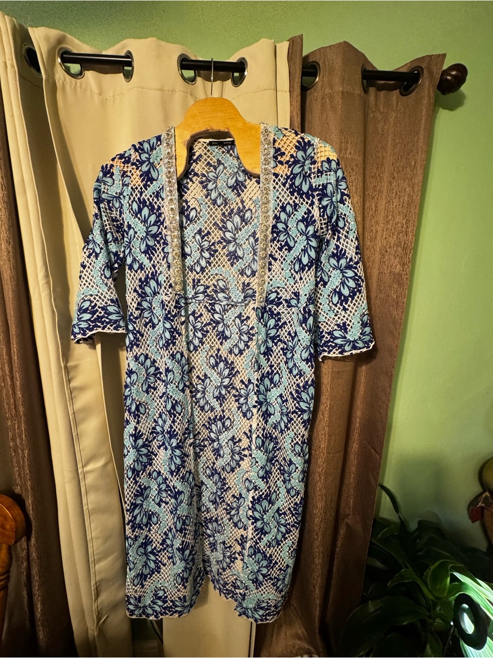 Boston Proper Guipure Crochet Duster Cardigan Blue White Embellished Women’s L